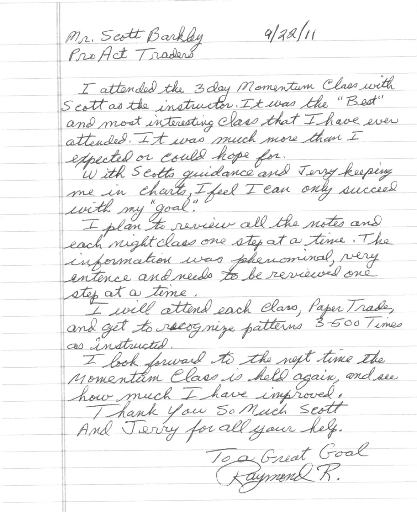 Raymond R.'s handwritten letter to Scott Barkley, dated 9/22/11